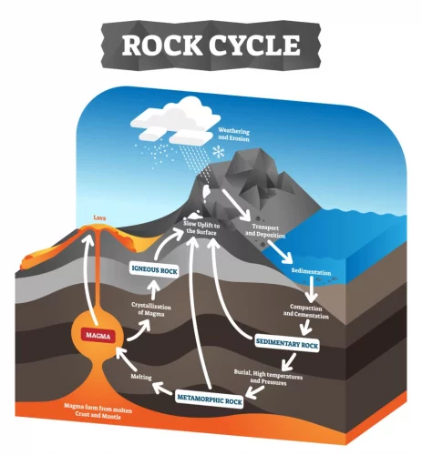 The formation and cycle of the three types of rock: sedimentary, metamorphic, and igneous. Photo credit: Science-Sparks.com